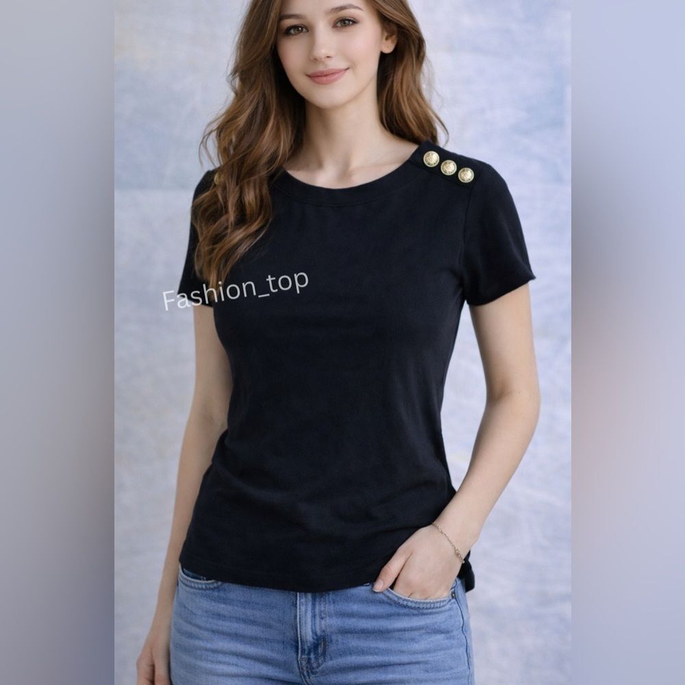 J.Crew Black Short Sleeve Top Gold Button Shoulder Detail Women's Blouse